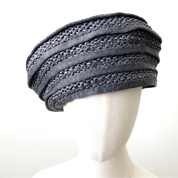Vintage 50s Raffia Hat Navy Blue Round Swirl Beret - Picture 5 of 6